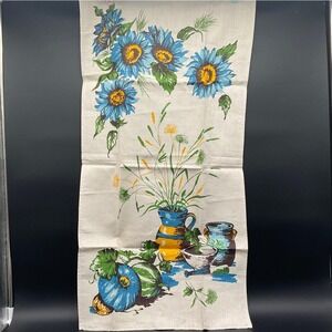 Retro Table Runner Blue Sunflowers Print 30"x17" Rustic Floral Decor Linen Blend